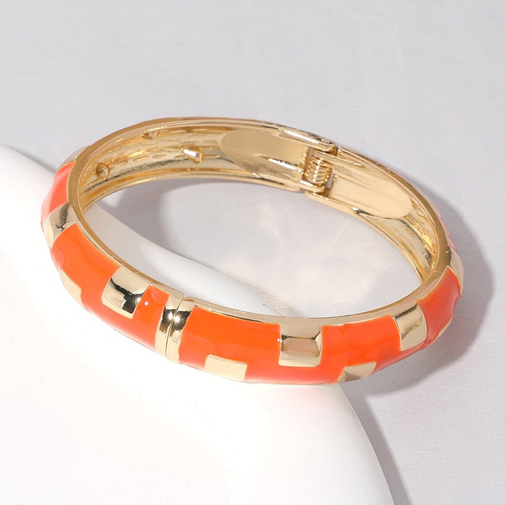 2PCS Gold Plated Enamel Geometric Hinged Bangle Bracelet Set for Women Jewelry