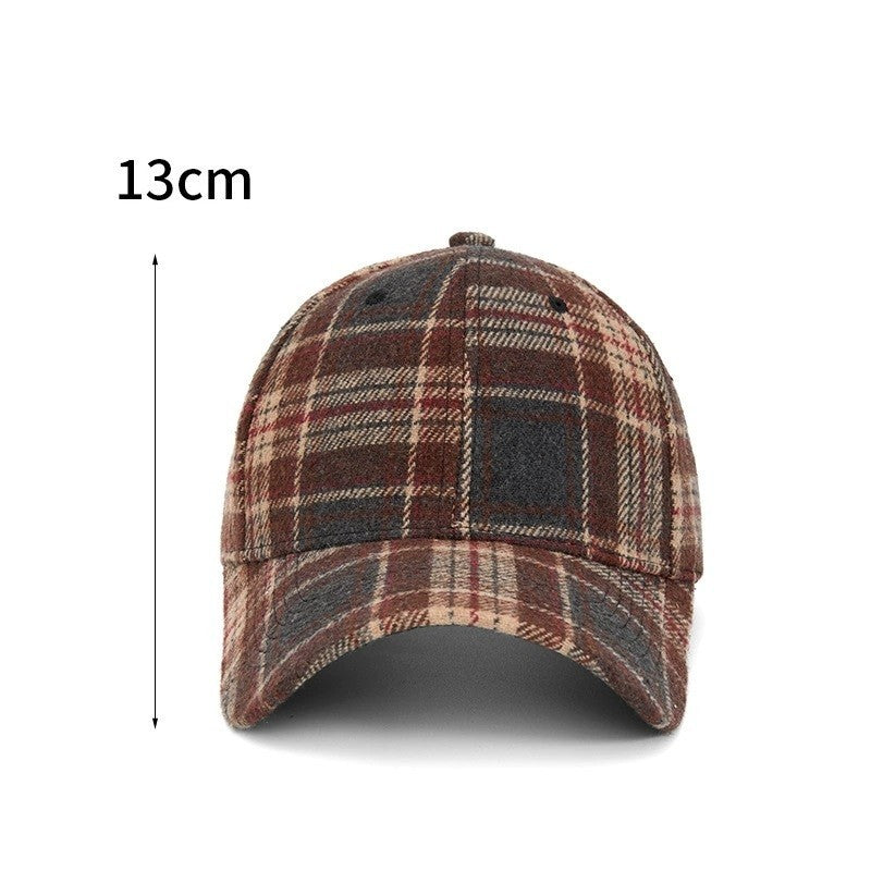 Brown Plaid Baseball Cap Winter Wool Blend Hat Adjustable Men