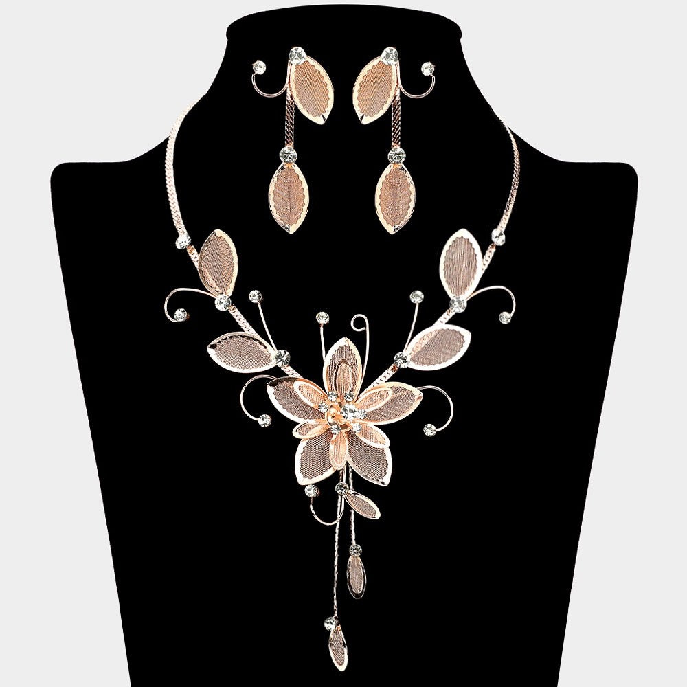 2pc Rose Gold Mesh Floral Necklace and Earrings Sparkling Statement Jewelry Set