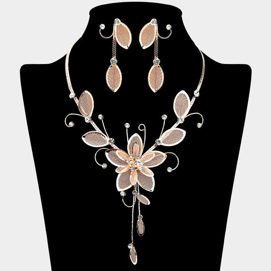 2pc Rose Gold Mesh Floral Necklace and Earrings Sparkling Statement Jewelry Set