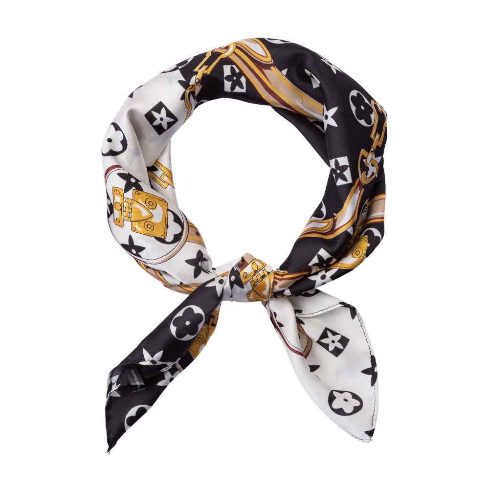 Luxury Monogram Chain Print Square Silk-Feel Head Neck Scarf Wrap 27.5x27.5 Inch