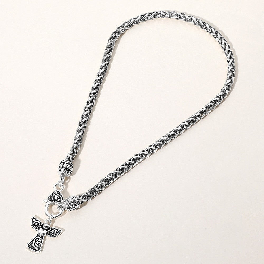 Angel Pendant Necklace Antique Silver Tone Pointed Charm Metal Chain Jewelry