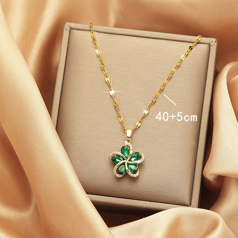 Gold Plated Floral Necklace with Green Crystal Stone and White Rhinestones