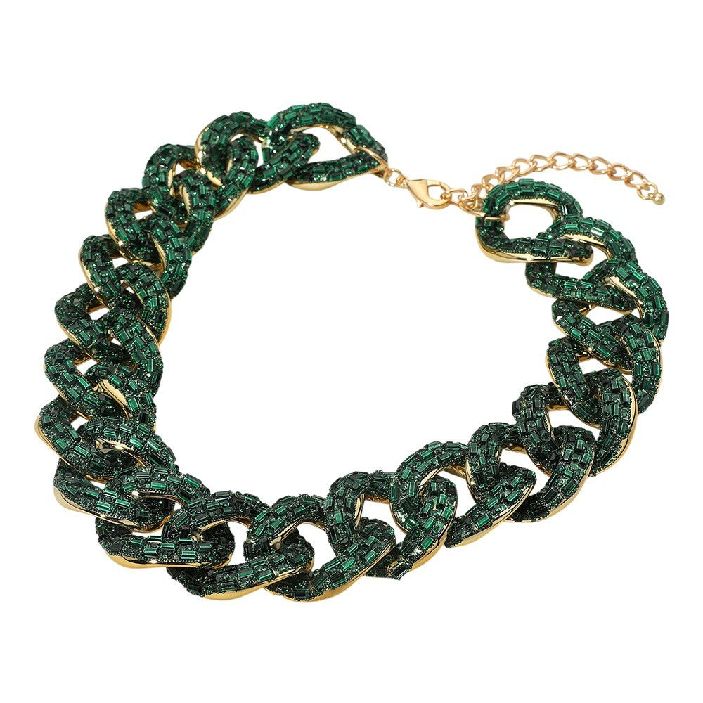 Women's Stone Paved Embellished Chunky Chain Necklace Lobster Clasp Gold Tone