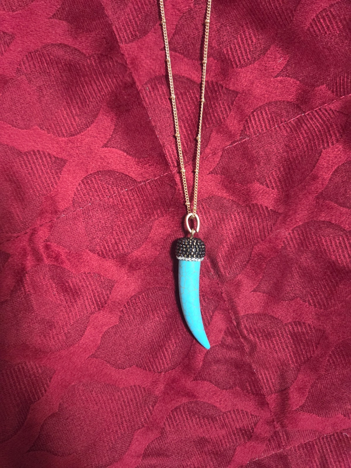 Boho Gold Chain Necklace with Turquoise Horn Pendant & Crystal Stud Earrings Set