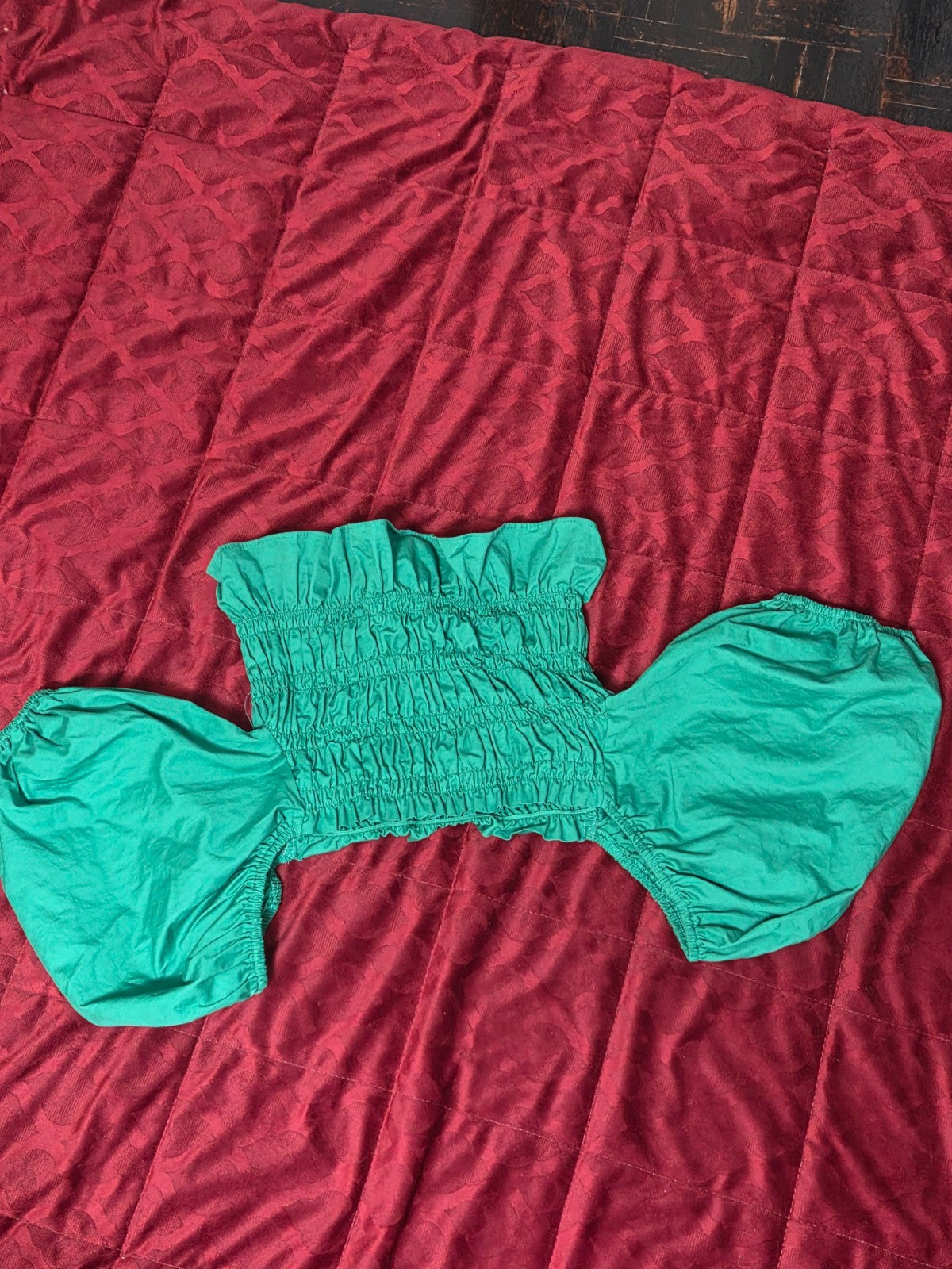 Smocked Green Crop Top for Women Medium Size  Ruffle Sleeve Summer Casual Shirt