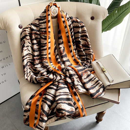 Vibrant Animal Print Shawl Scarf Large Silk Feel Wrap Orange Stripe