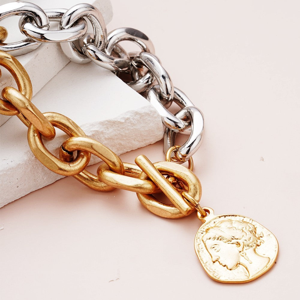 Mixed Metal Gold Silver Chunky Chain Bracelet Coin Pendant Toggle Clasp