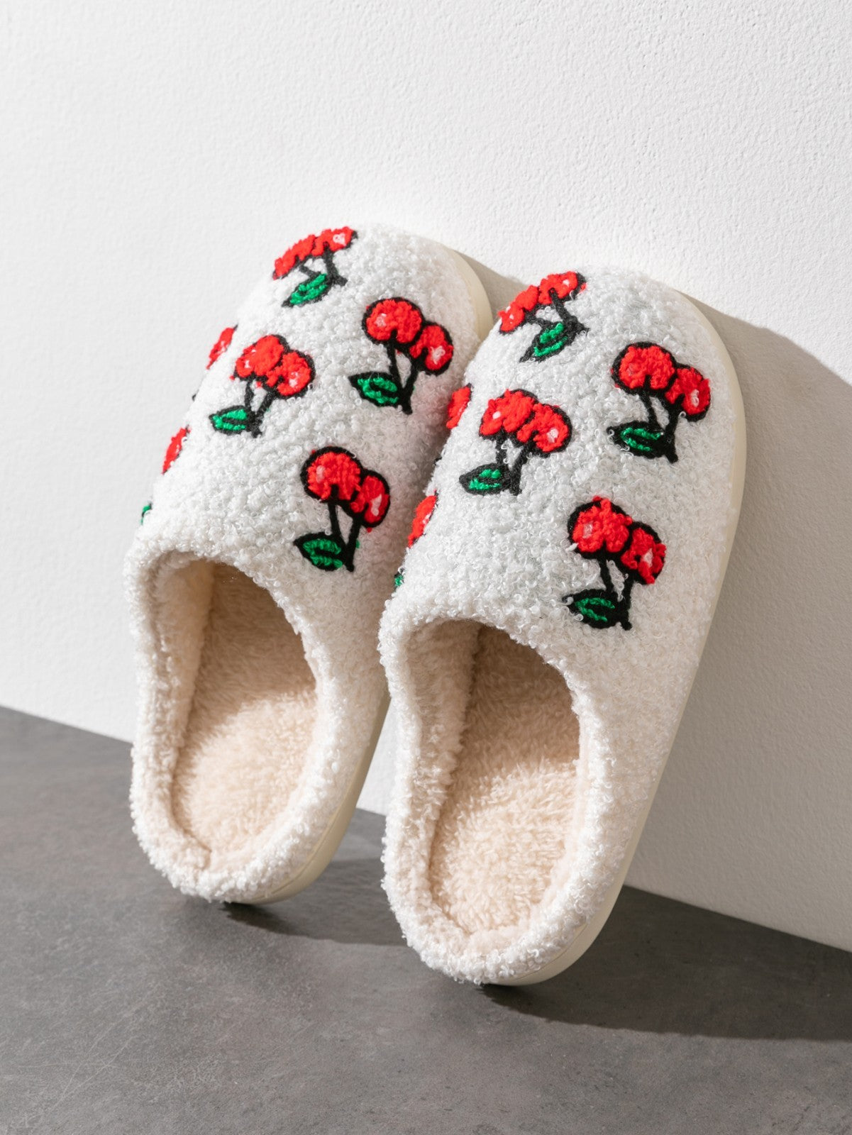 Warm Cherry House Slippers Women Sherpa Plush Fuzzy Non-Slip Indoor Home Shoes