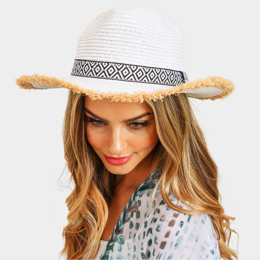 Frayed Trim Aztec Straw Hat for Women Summer Boho Style Beach Sun Hat White