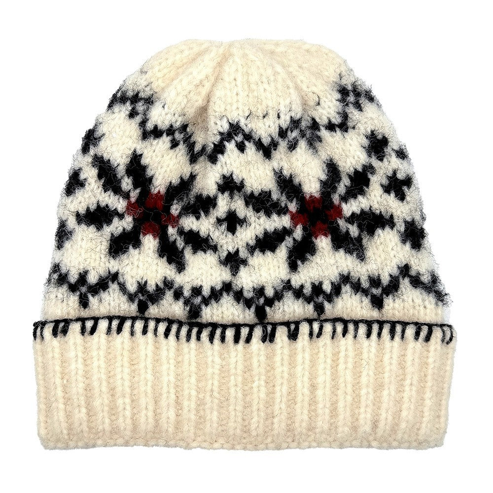Black Red White Fair Isle Knit Beanie Hat Nordic Ski Winter Cap for Men Women