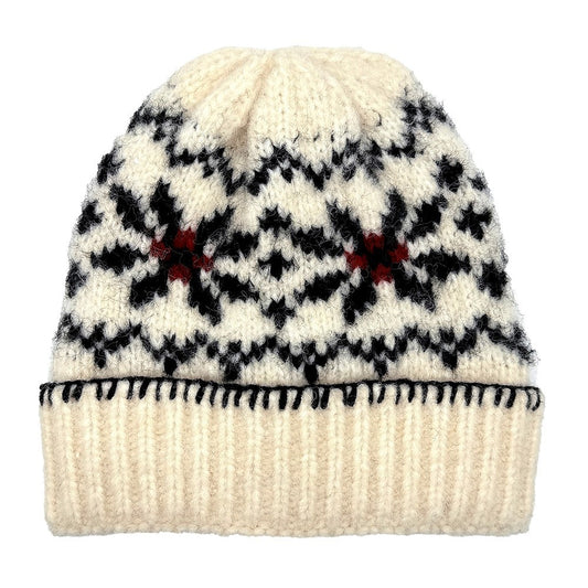 Black Red White Fair Isle Knit Beanie Hat Nordic Ski Winter Cap for Men Women