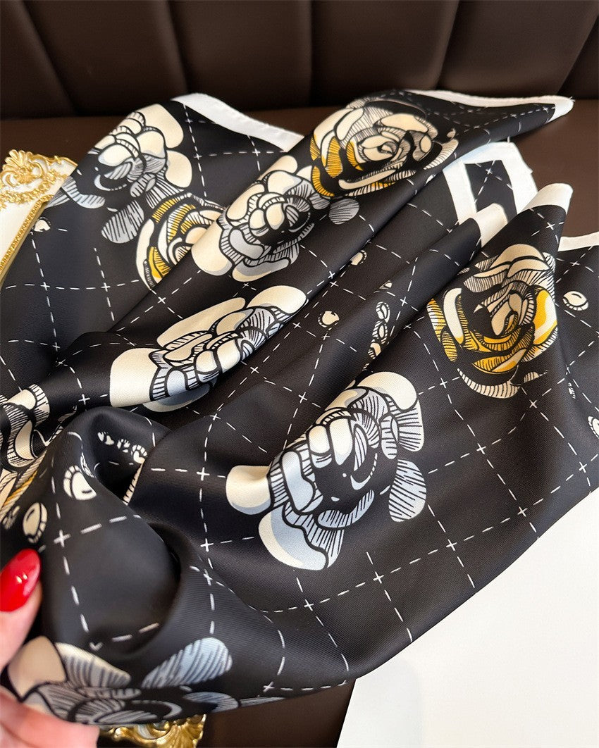 Black & White Rose Chain Print Silk Feel Square Scarf Neckerchief