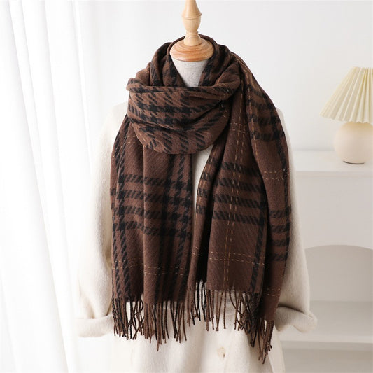 Brown Black Houndstooth Plaid Scarf Shawl Wrap Metallic Fringe Winter Warm