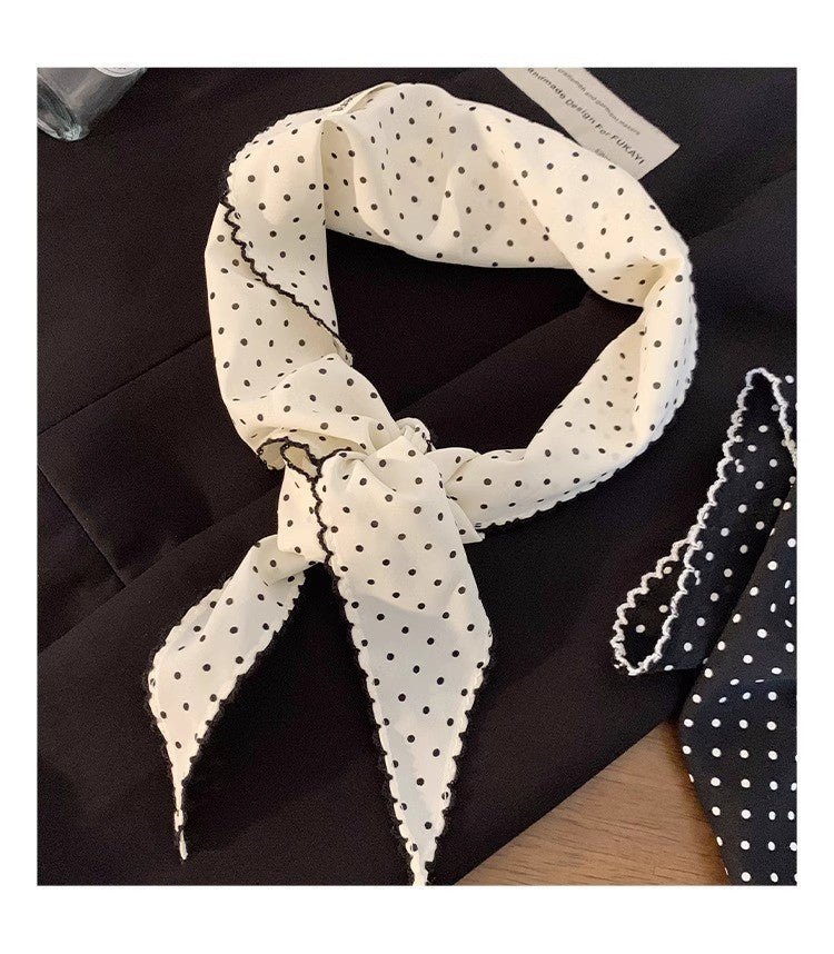 Chic Parisian Polka Dot Neckerchief Ruffled Trim Skinny Scarf for Women Fashion