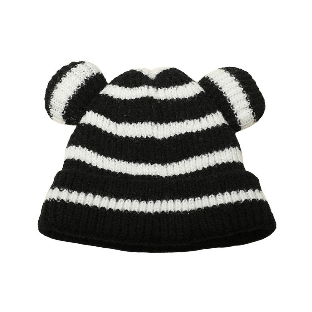 2-Pack Kids Striped Bear Ears Beanie Hats Set | Black/White & Beige/Black Sets