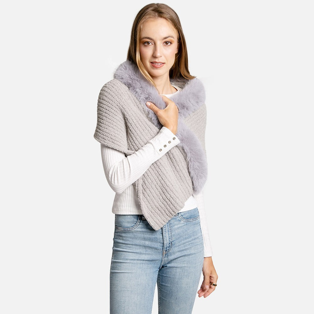 Gray Knit Shawl Wrap Faux Fur Trim Cable Sweater Capelet One Size