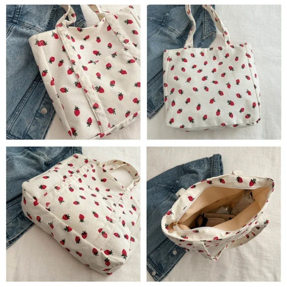 Women’s Corduroy Strawberry Print Tote Bag Large Capacity Shoulder Handbag