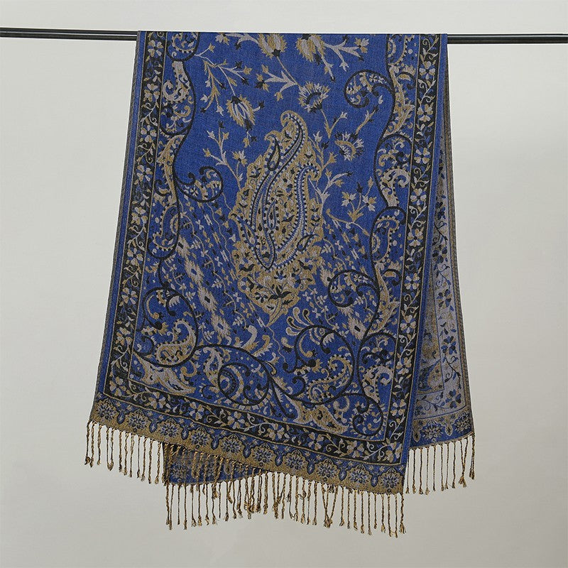 Navy Gold Paisley Pashmina Scarf for Women Soft Warm Elegant Fringe Wrap