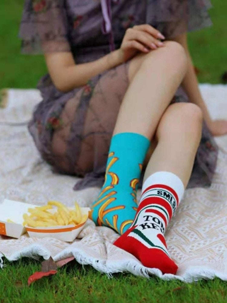 Fun Mismatched Socks French Fries and Ketchup Bottle Print Colorful Novelty Crew