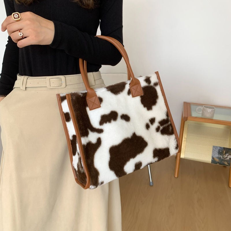 Plush Cow Print Tote Bag Handbag Fuzzy Faux Fur Shoulder Bag