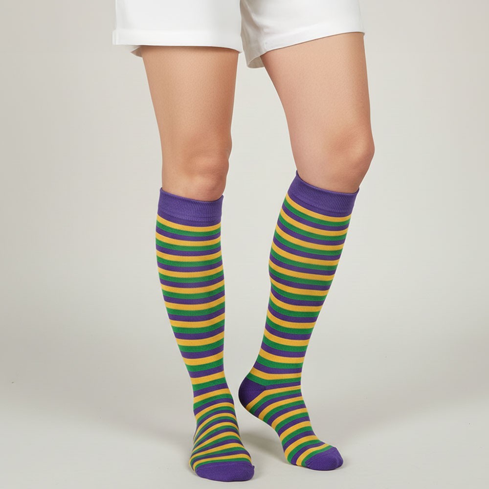 Women's Size 9-11 Mardi Gras Striped Knee-High Socks Comfortable and Breathable