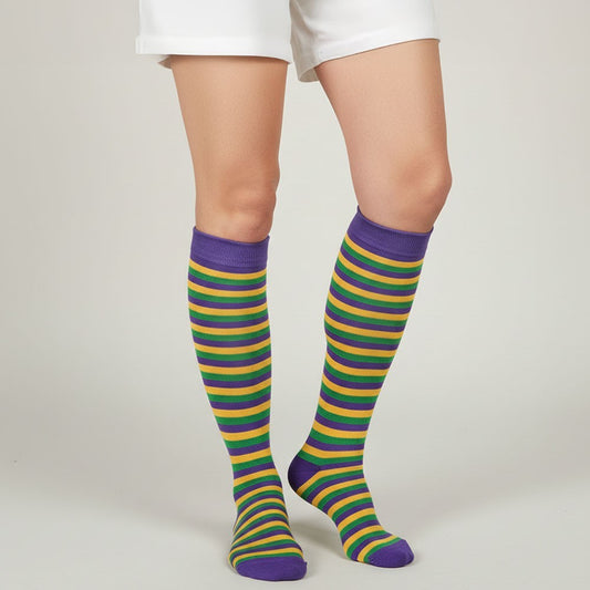 Women's Size 9-11 Mardi Gras Striped Knee-High Socks Comfortable and Breathable