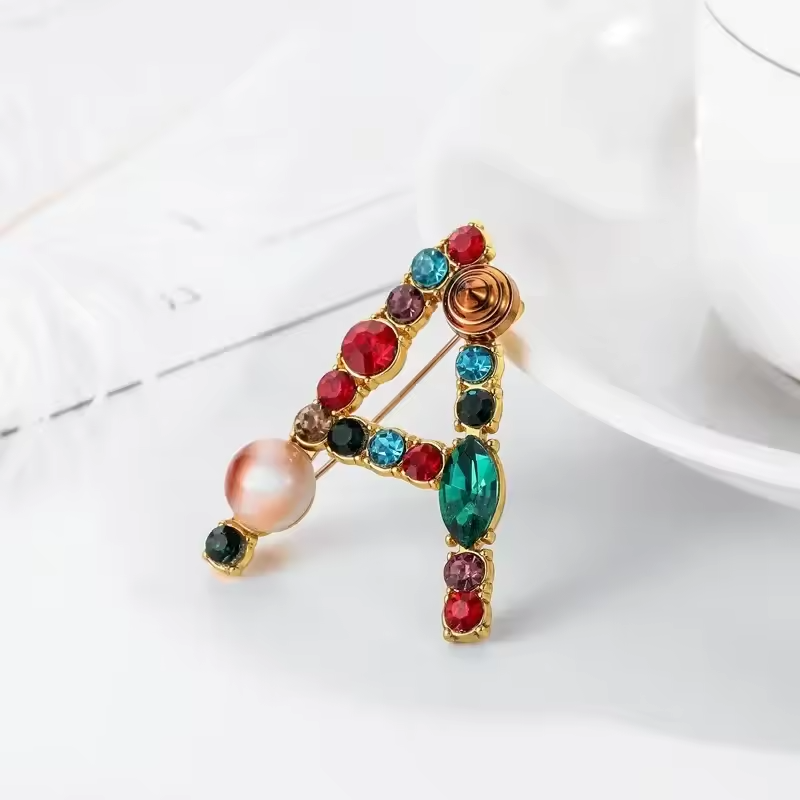 2 Pcs Colorful Crystal Letter A Brooch Pin Set Gold Silver Tone Initial Jewelry