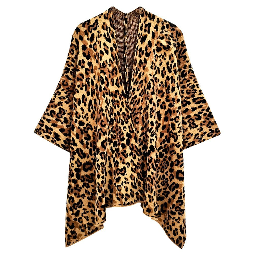 Leopard Pattern Animal Printed Knit Ruana Poncho Sleeve Shawl for Women Pullover