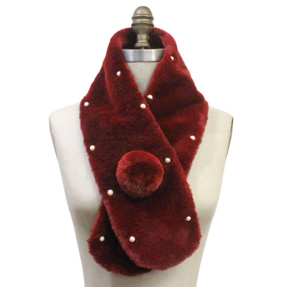 Pearl Embellished Faux Fur Pom Pom Pull-Through Collar Burgundy  Scarf for Women
