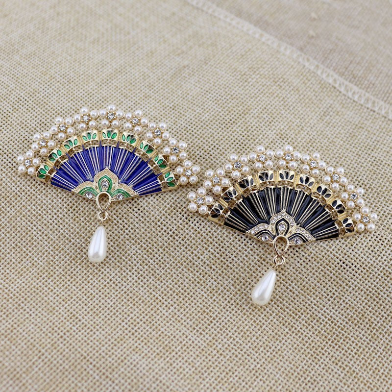 2pcs Folding Fan Brooch Pin Pearl Rhinestone Vintage Enamel Jewelry Set