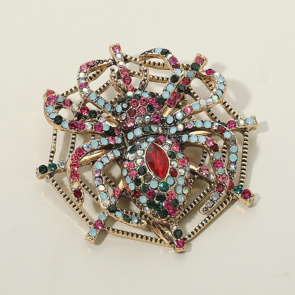 Vintage Gothic Rhinestone Spider Web Brooch Gold Tone Crystal Halloween Pin