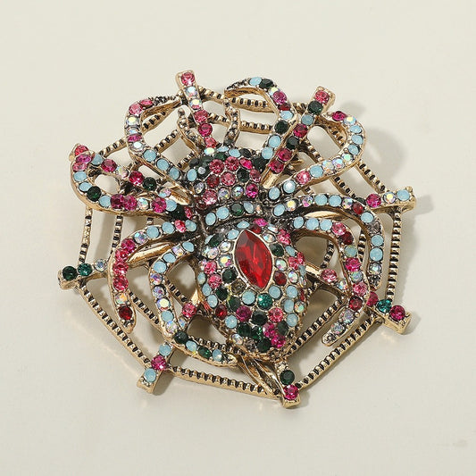 Vintage Gothic Rhinestone Spider Web Brooch Gold Tone Crystal Halloween Pin