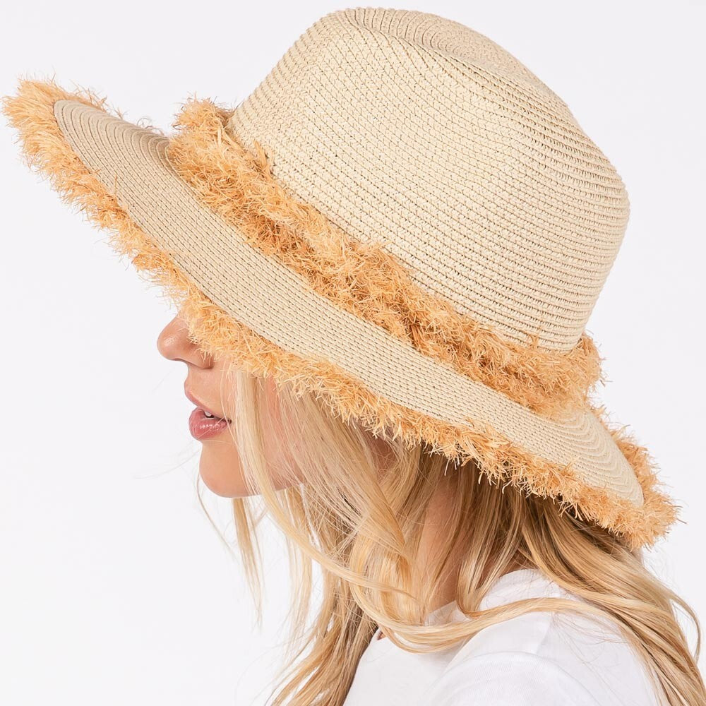 Bohemian Frayed Brim Straw Hat for Women Outdoor Wide Brim Sun Hat Beige