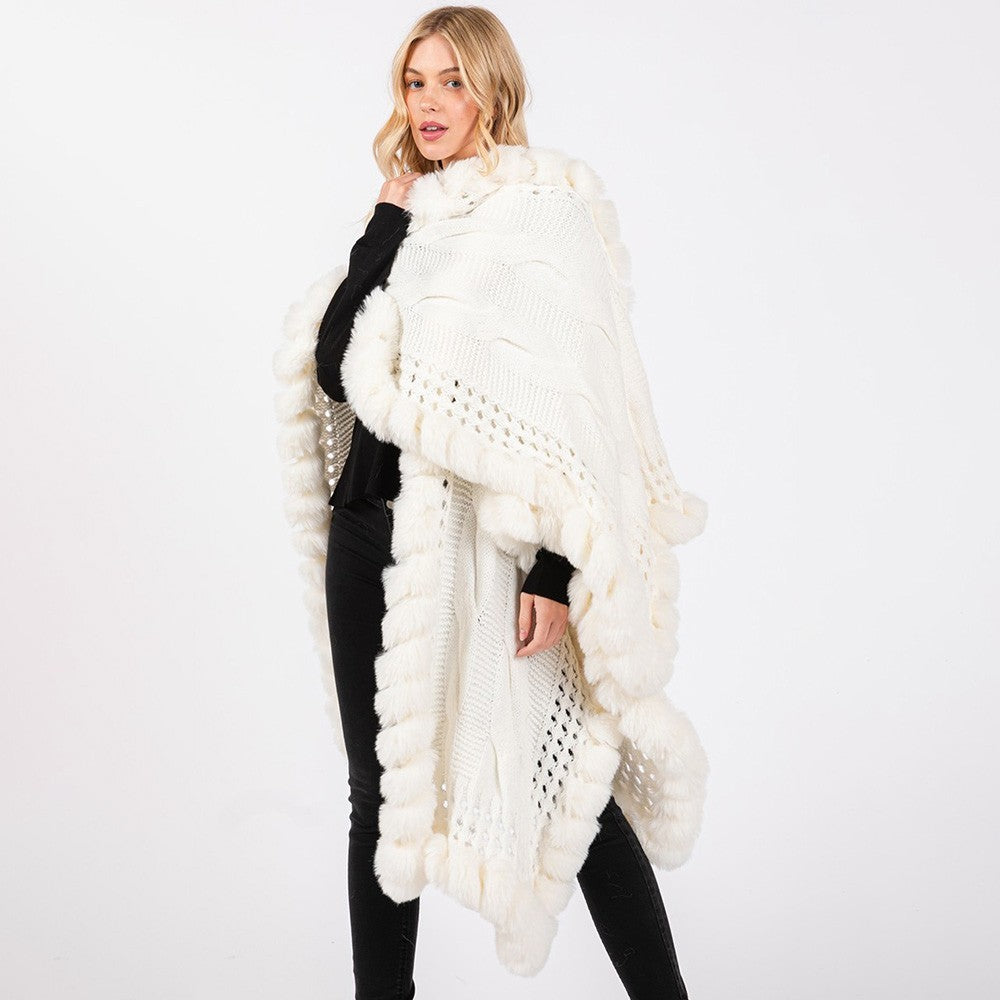 Luxurious White Cable Knit Shawl Cape Faux Fur Trim Open Front Long Poncho