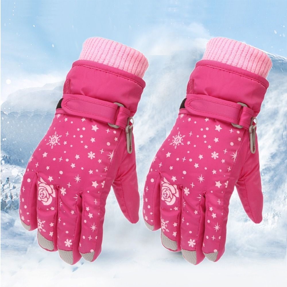 Kids Pink Ski Gloves Warm Fleece Lined Waterproof Snowboard Star Rose Pattern