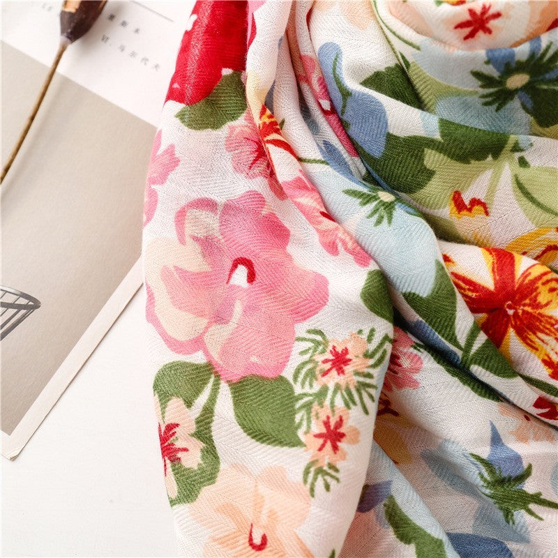 Floral Cotton Viscose Scarf Women Large Soft Shawl Tassel Spring Wrap 71" x 35"
