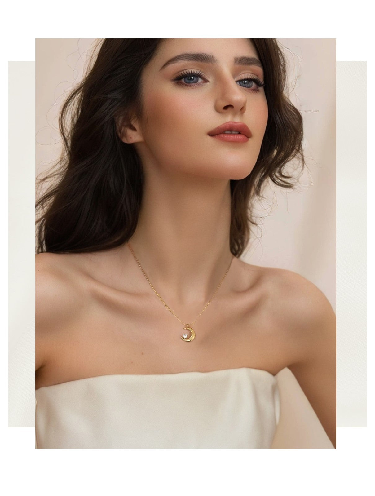 Gold  Tone Moon Pendant Necklace Women Zircon Stone Stainless Steel Jewelry