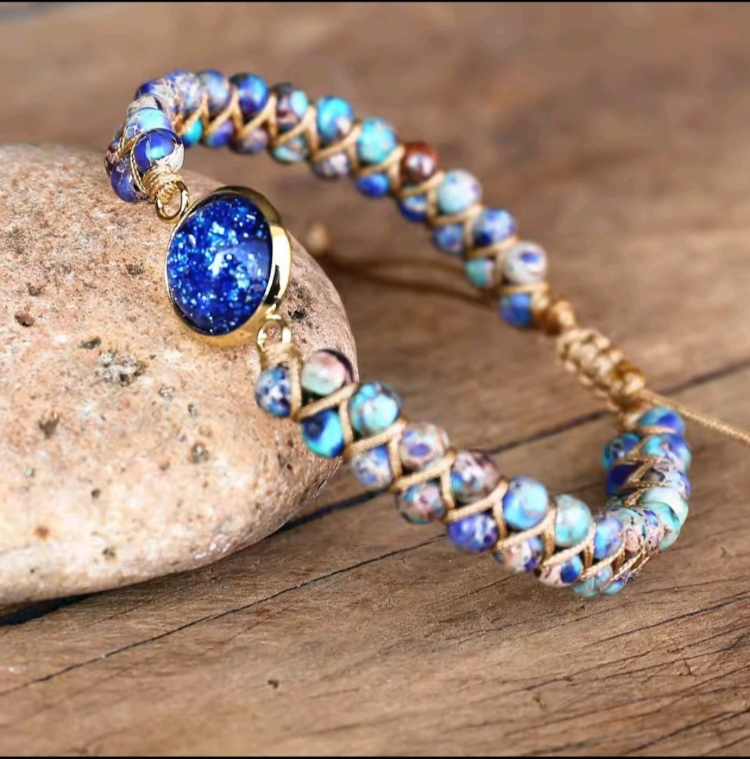 Grounding Braided Bracelet for Meditation with Celestial Blue Stone Center