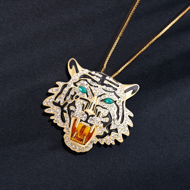 Statement Tiger Head Roaring Brooch Pin Pendant Gold Tone Rhinestone Black Ename