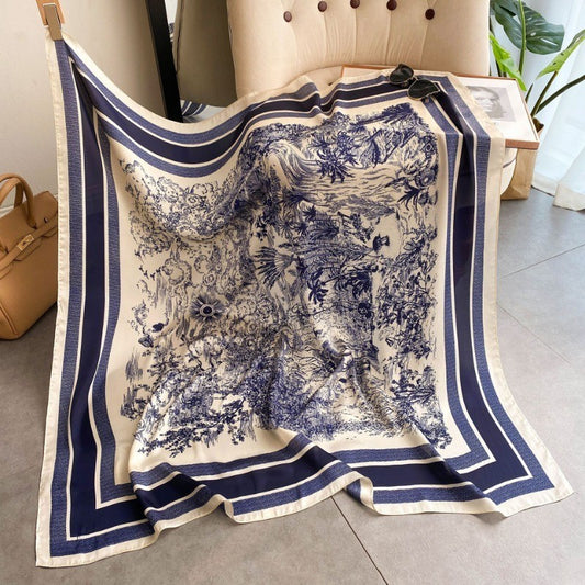 2PC Blue White Toile De Jouy Scarf Set Navy Scenic Print Neckerchief Headband