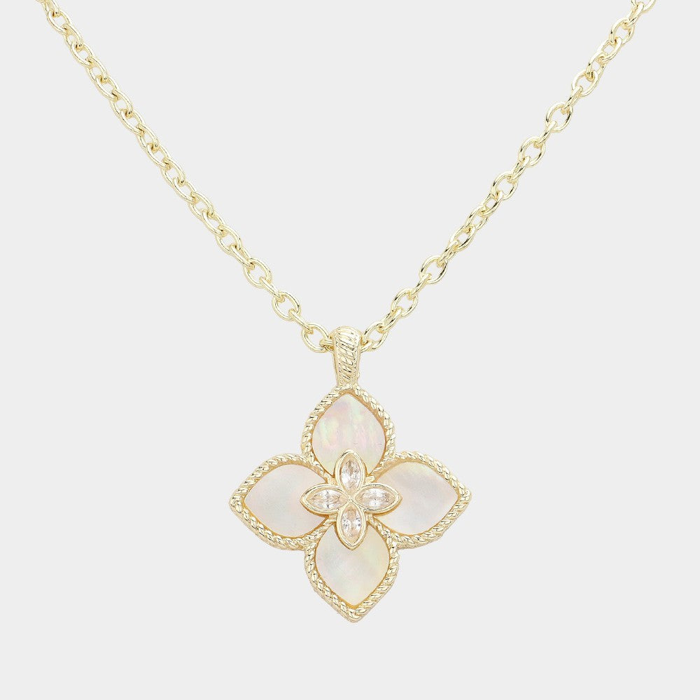 14K Gold Plated Mother of Pearl Clover Pendant Necklace CZ Stone Women Fashion