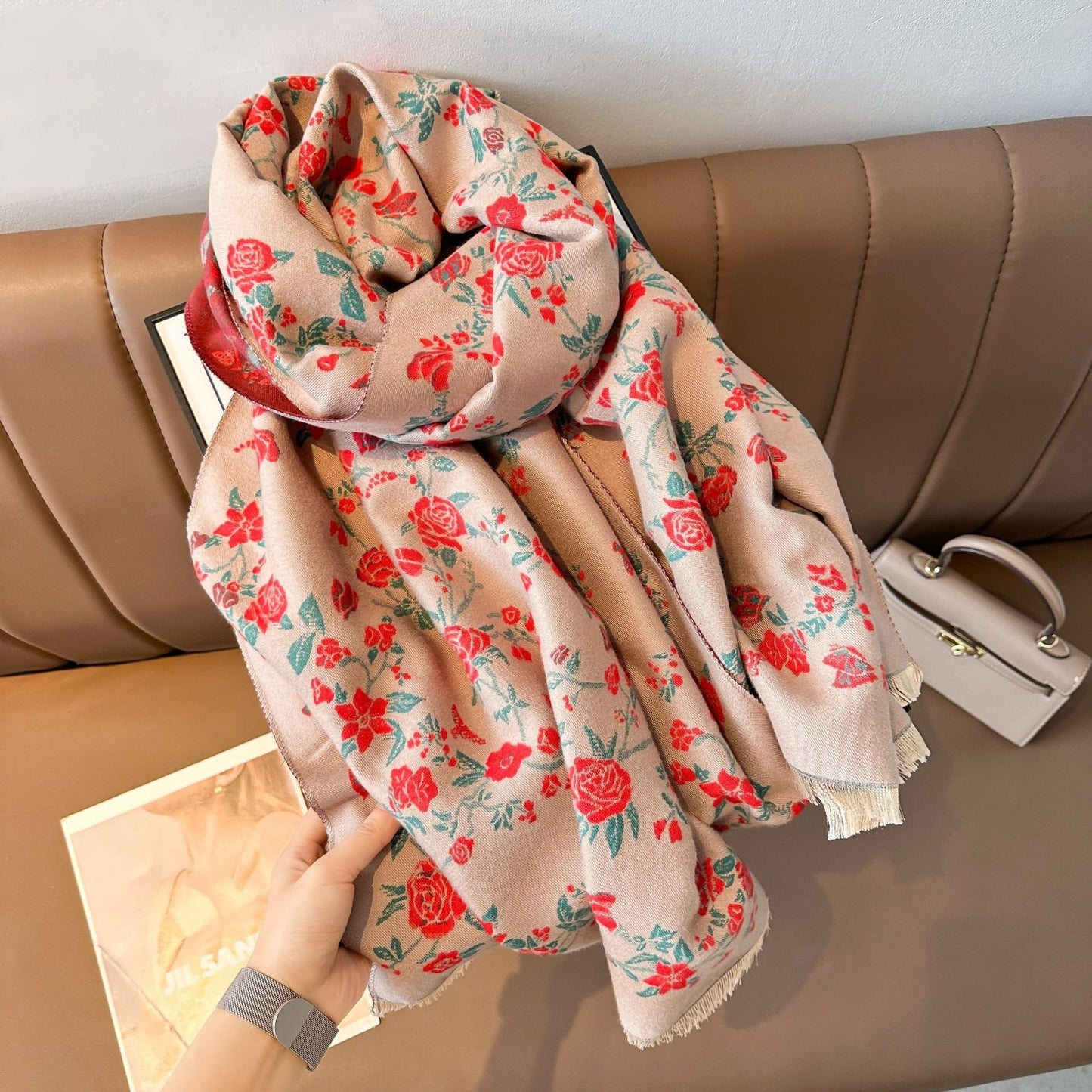Soft Floral Cashmere Feel Scarf Wrap Shawl Oversized Winter Fringe 25"x72"