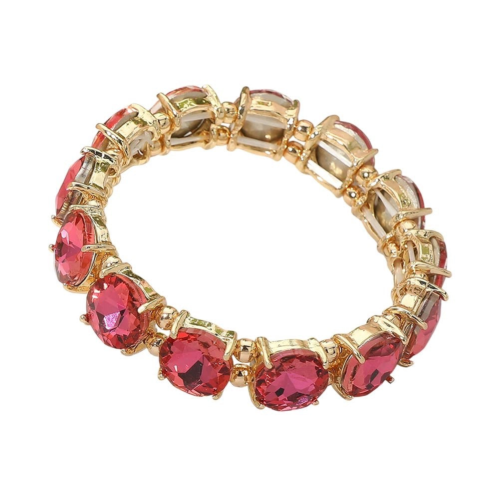 Gold Fuchsia Pink Crystal Stretch Bracelet Bold Glamorous Sparkle Jewelry