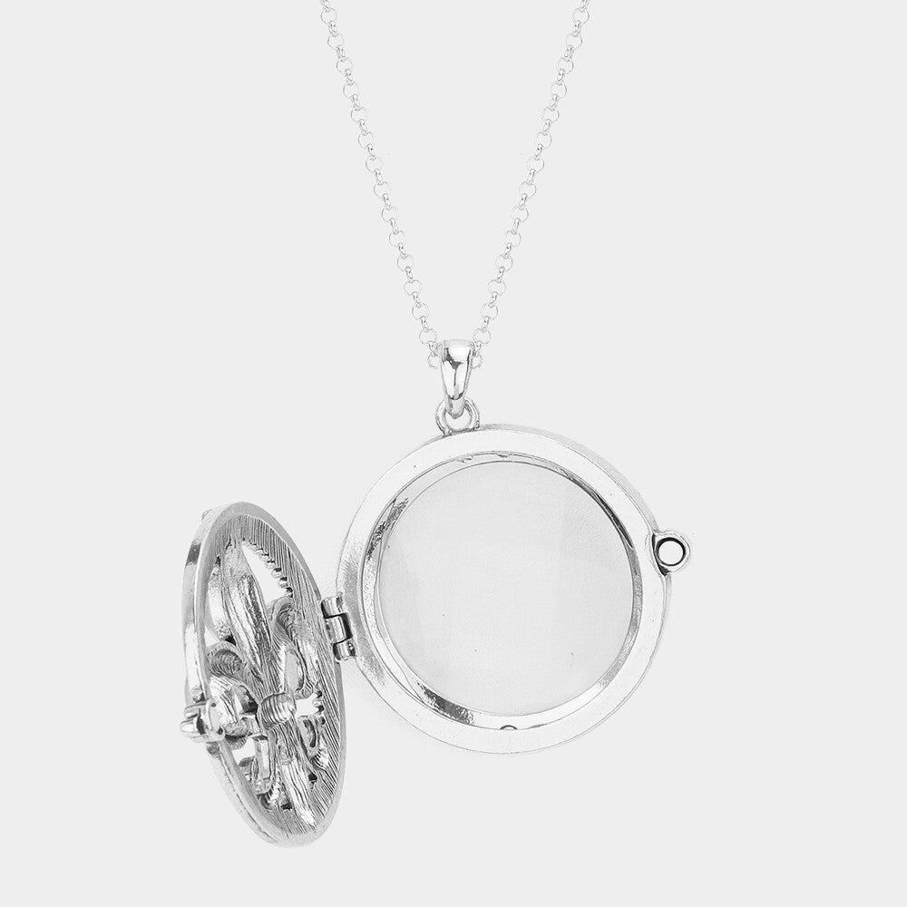 Antique Metal Fleur de Lis Magnifying Glass Pendant Long Chain Necklace