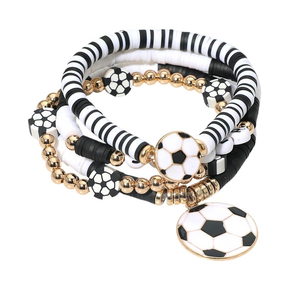 4pcs Soccer Bracelet Set Heishi Polymer Clay Gold Beaded Ball Charm Sports Gift