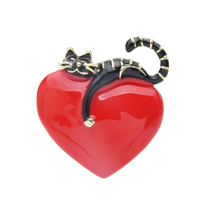 Playful Black Cat Brooch Pin - Red Heart Enamel Animal Jewelry