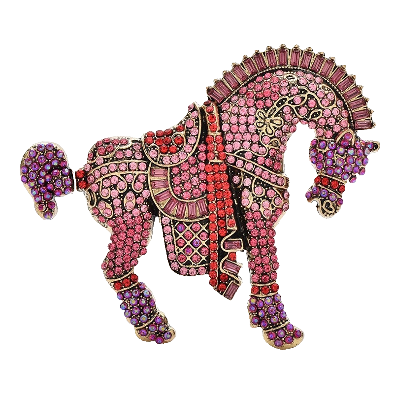 2pcs Crystal Horse Brooch Set Pink Blue Rhinestone Carousel Pony Animal Pin