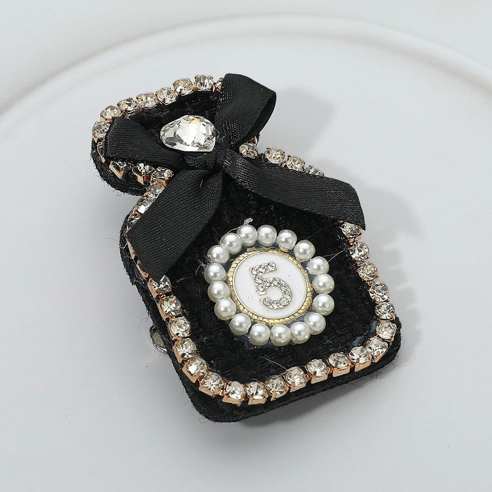 2pc Black & Pink Bow Pearl Rim Number 5 Tweed Perfume Bottle Pin Brooch Set