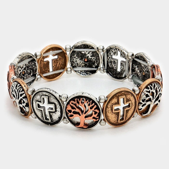 Cross and Tree of Life Stretch Bracelet Spiritual Beaded Jewelry Unisex